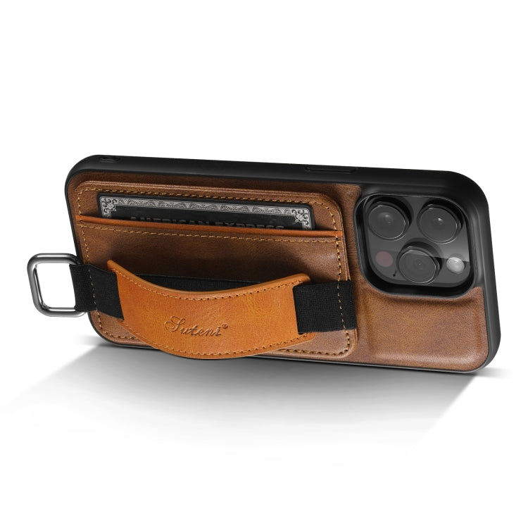 For iPhone 14 Suteni H13 Card Wallet Wrist Strap Holder PU Phone Case(Brown) - HoMEdemic™ 