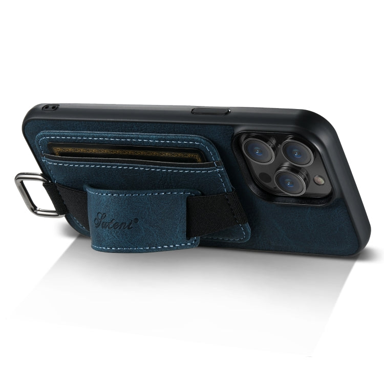 For iPhone 14 Suteni H13 Litchi Leather Wrist Strap Wallet Back Phone Case(Blue) - HoMEdemic™ 