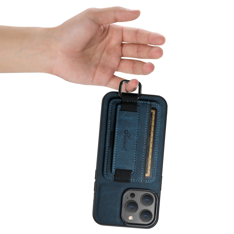 For iPhone 14 Suteni H13 Litchi Leather Wrist Strap Wallet Back Phone Case(Blue) - HoMEdemic™ 