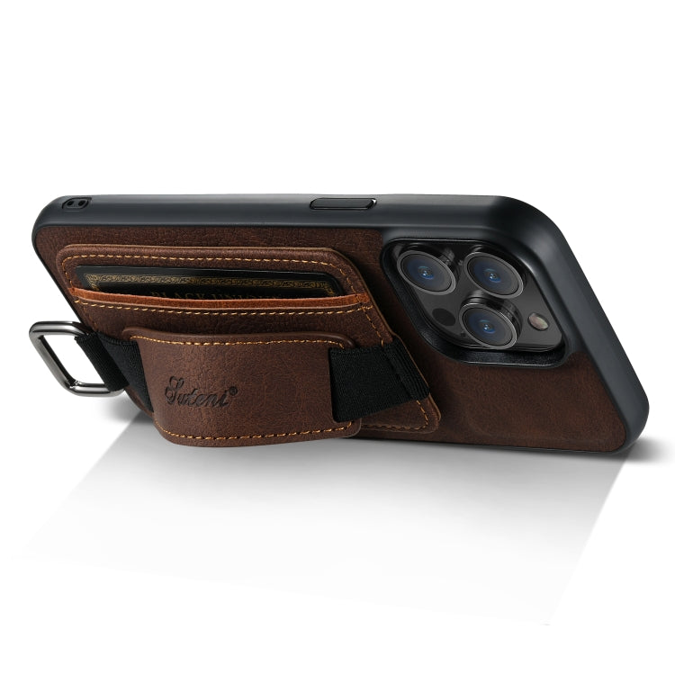 For iPhone 14 Suteni H13 Litchi Leather Wrist Strap Wallet Back Phone Case(Brown) - HoMEdemic™ 
