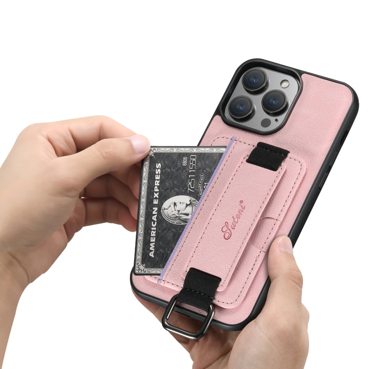 For iPhone 14 Suteni H13 Litchi Leather Wrist Strap Wallet Back Phone Case(Pink) - HoMEdemic™ 