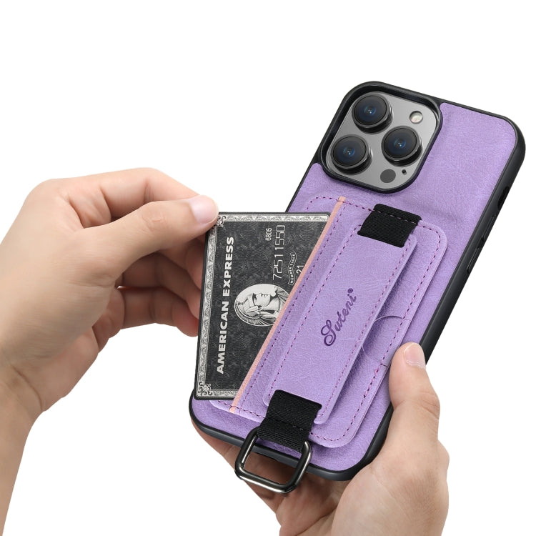 For iPhone 14 Suteni H13 Litchi Leather Wrist Strap Wallet Back Phone Case(Purple) - HoMEdemic™ 