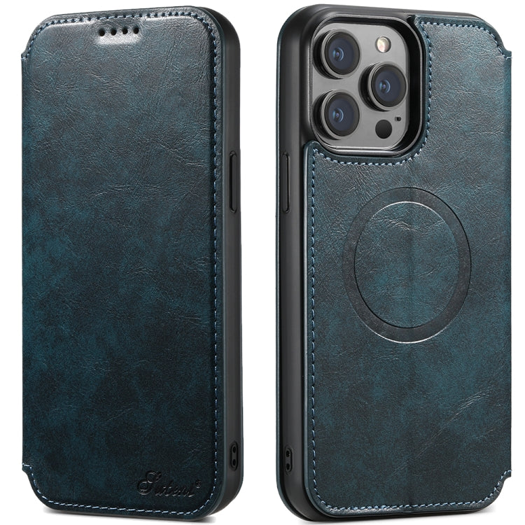 For iPhone 14 Suteni J05 Leather Magnetic Magsafe Phone Case(Blue) - HoMEdemic™ 