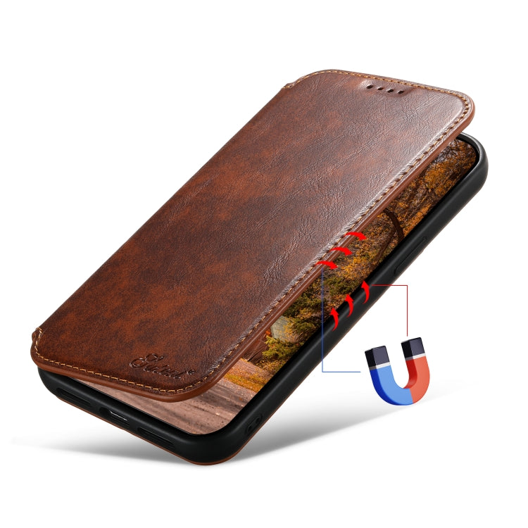 For iPhone 14 Suteni J05 Leather Magnetic Magsafe Phone Case(Khaki) - HoMEdemic™ 