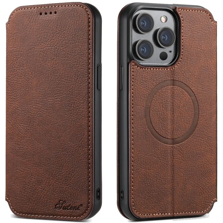 For iPhone 14 Suteni J06 Retro Matte Litchi Texture Leather Magnetic Magsafe Phone Case(Brown) - HoMEdemic™ 