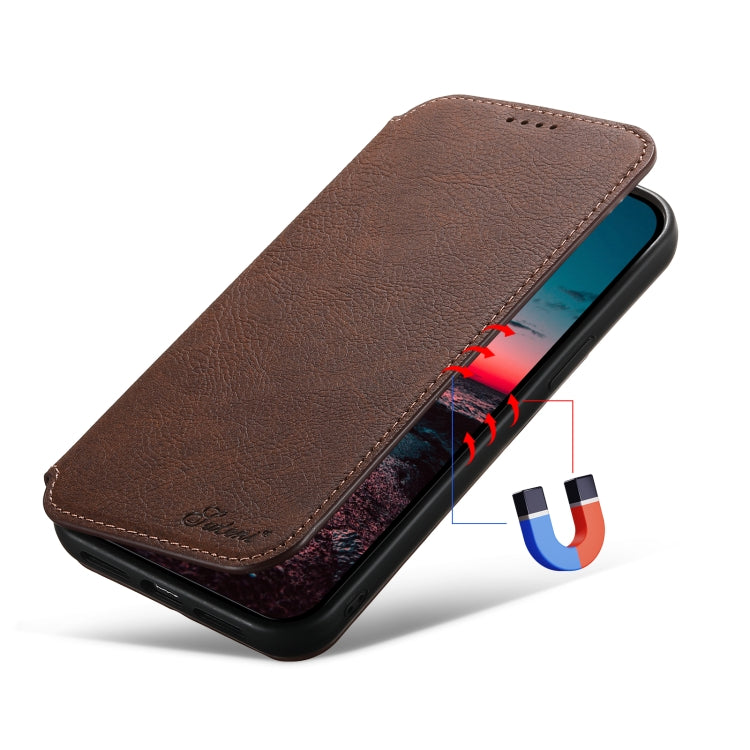 For iPhone 14 Suteni J06 Retro Matte Litchi Texture Leather Magnetic Magsafe Phone Case(Brown) - HoMEdemic™ 