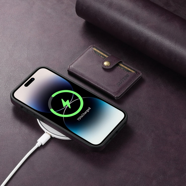For iPhone 14 Suteni M1 Oil Wax MagSafe Detachable Horizontal Card Bag Phone Case(Purple) - HoMEdemic™ 
