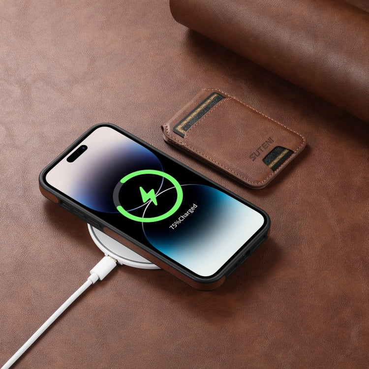 For iPhone 14 Suteni M2 Oil Wax MagSafe Horizontal Card Bag Phone Case(Brown) - HoMEdemic™ 