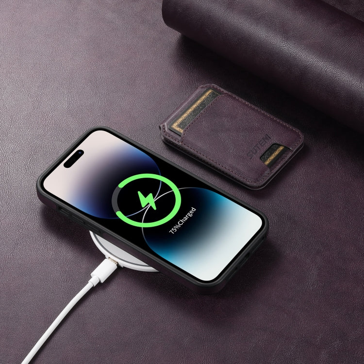 For iPhone 14 Suteni M2 Oil Wax MagSafe Horizontal Card Bag Phone Case(Purple) - HoMEdemic™ 