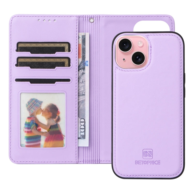 For iPhone 15 BETOPNICE BN-005 2 in 1 Detachable Imitate Genuine Leather Phone Case(Light Purple) - HoMEdemic™ 