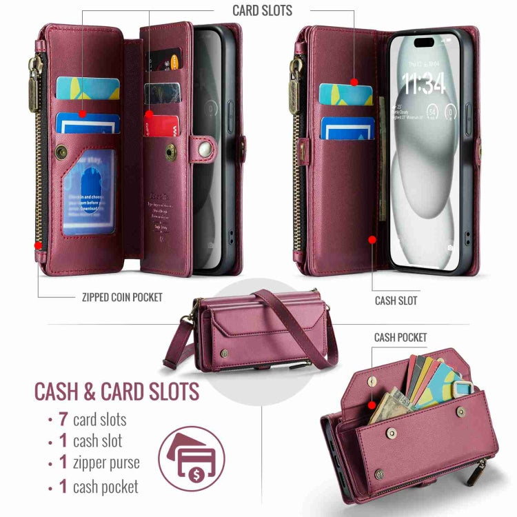 For iPhone 15 CaseMe C36 Card Slots Zipper Wallet RFID Anti-theft Leather Phone Case(Wine Red) - HoMEdemic™ 