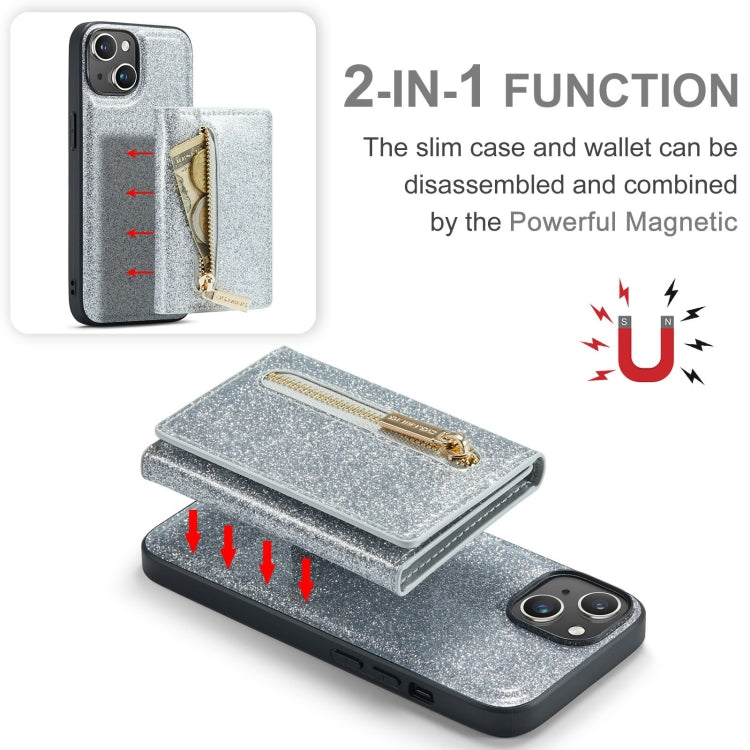 For iPhone 15 DG.MING M3 Series Glitter Powder Card Bag Leather Phone Case(Silver) - HoMEdemic™ 