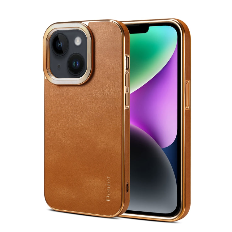 For iPhone 15 Denior Cowhide Leather Plating Phone Case(Khaki) - HoMEdemic™ 