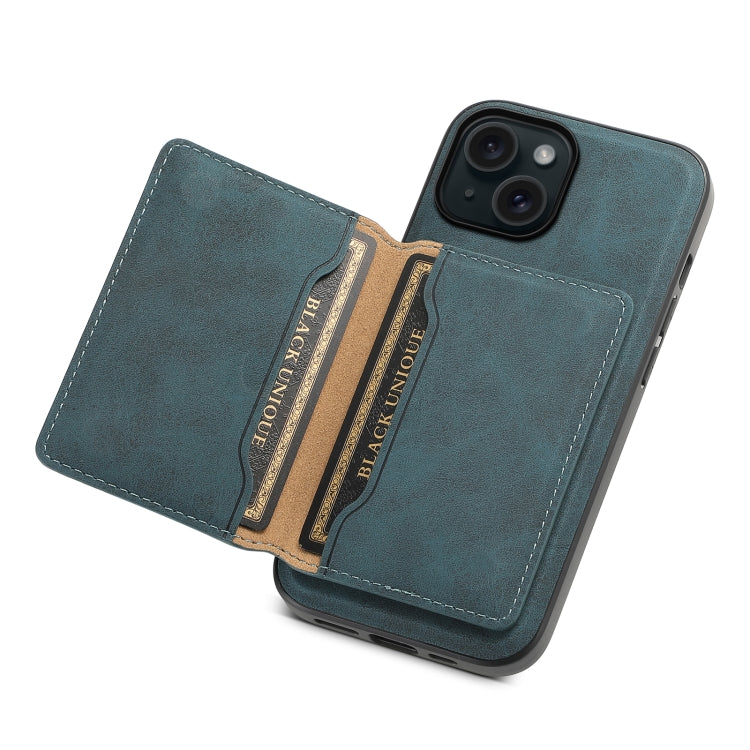 For iPhone 15 Denior D13 Retro Texture Leather MagSafe Card Bag Phone Case(Blue) - HoMEdemic™ 