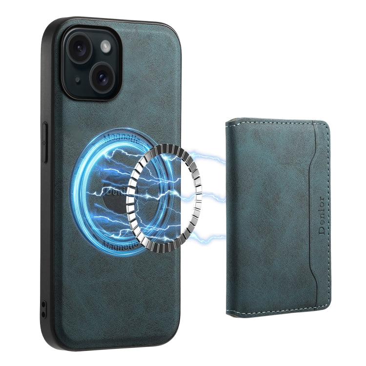 For iPhone 15 Denior D13 Retro Texture Leather MagSafe Card Bag Phone Case(Blue) - HoMEdemic™ 