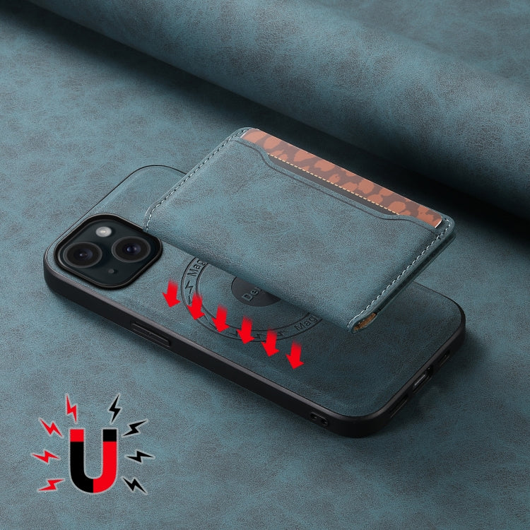 For iPhone 15 Denior D13 Retro Texture Leather MagSafe Card Bag Phone Case(Blue) - HoMEdemic™ 