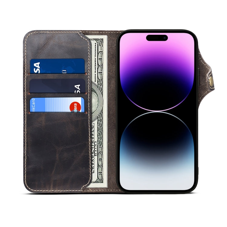 For iPhone 15 Denior Oil Wax Cowhide Magnetic Button Genuine Leather Case(Black) - HoMEdemic™ 