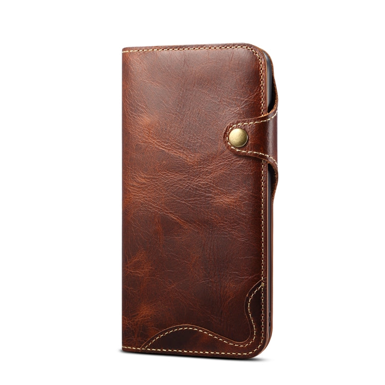 For iPhone 15 Denior Oil Wax Cowhide Magnetic Button Genuine Leather Case(Brown) - HoMEdemic™ 