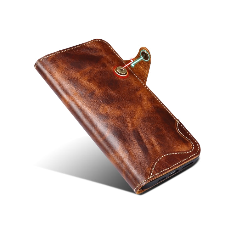 For iPhone 15 Denior Oil Wax Cowhide Magnetic Button Genuine Leather Case(Brown) - HoMEdemic™ 