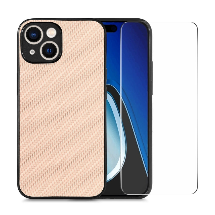 For iPhone 15 ENKAY Fiber Leather Skin PC Phone Case with High Aluminum-silicon Glass Film(Khaki) - HoMEdemic™ 