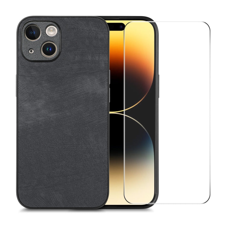 For iPhone 15 ENKAY Retro Leather Skin PC Phone Case with High Aluminum-silicon Glass Film(Black) - HoMEdemic™ 