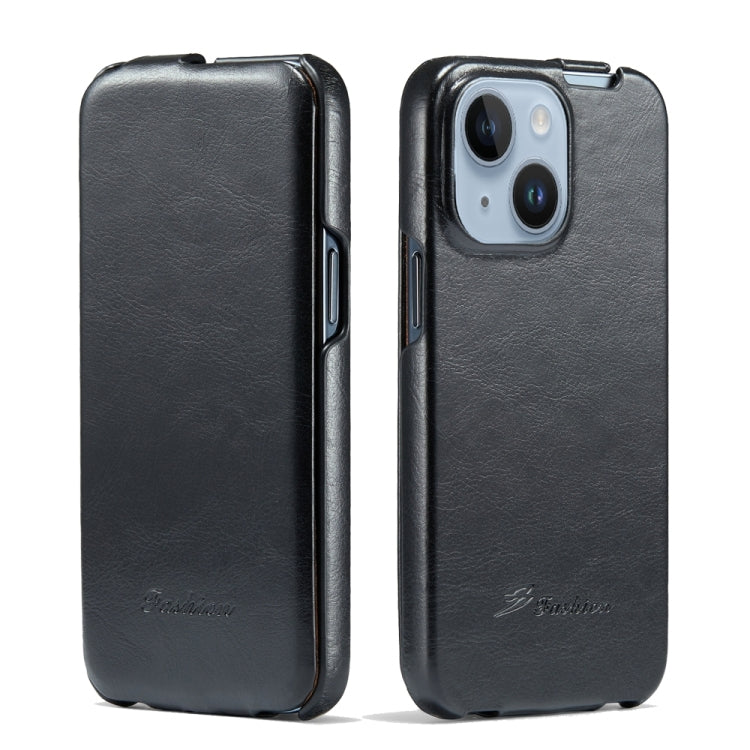 For iPhone 15 Fierre Shann Oil Wax Texture Vertical Flip PU Phone Case(Black) - HoMEdemic™ 