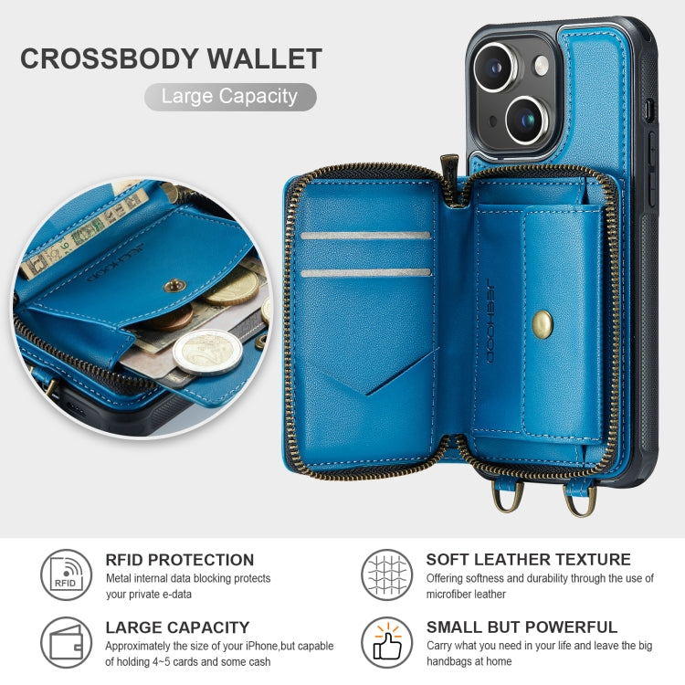For iPhone 15 JEEHOOD C22 Series Zipper Wallet Leather Phone Case with Dual Lanyard(Blue) - HoMEdemic™ 