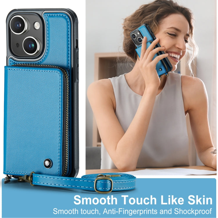 For iPhone 15 JEEHOOD C22 Series Zipper Wallet Leather Phone Case with Dual Lanyard(Blue) - HoMEdemic™ 