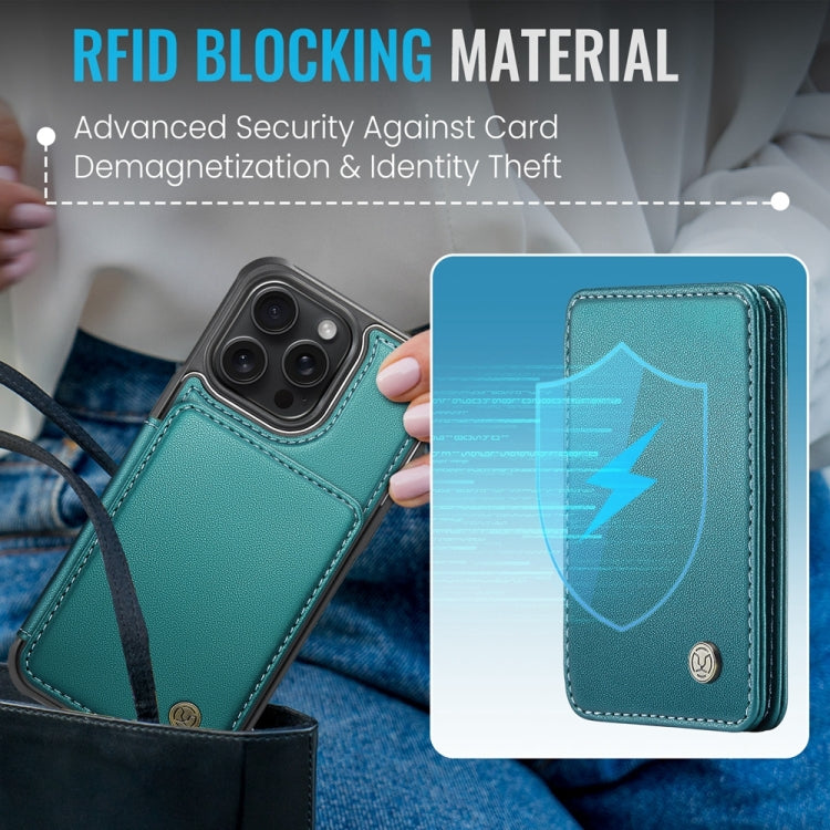 For iPhone 15 JEEHOOD J05 Business Magnetic Style RFID Leather Phone Case(Blue Green) - HoMEdemic™ 