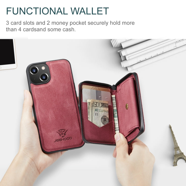 For iPhone 15 JEEHOOD Magnetic Zipper Wallet Leather Phone Case(Red) - HoMEdemic™ 