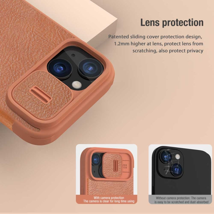 For iPhone 15 NILLKIN QIN Series Pro Sliding Camera Cover Design Leather Phone Case(Brown) - HoMEdemic™ 