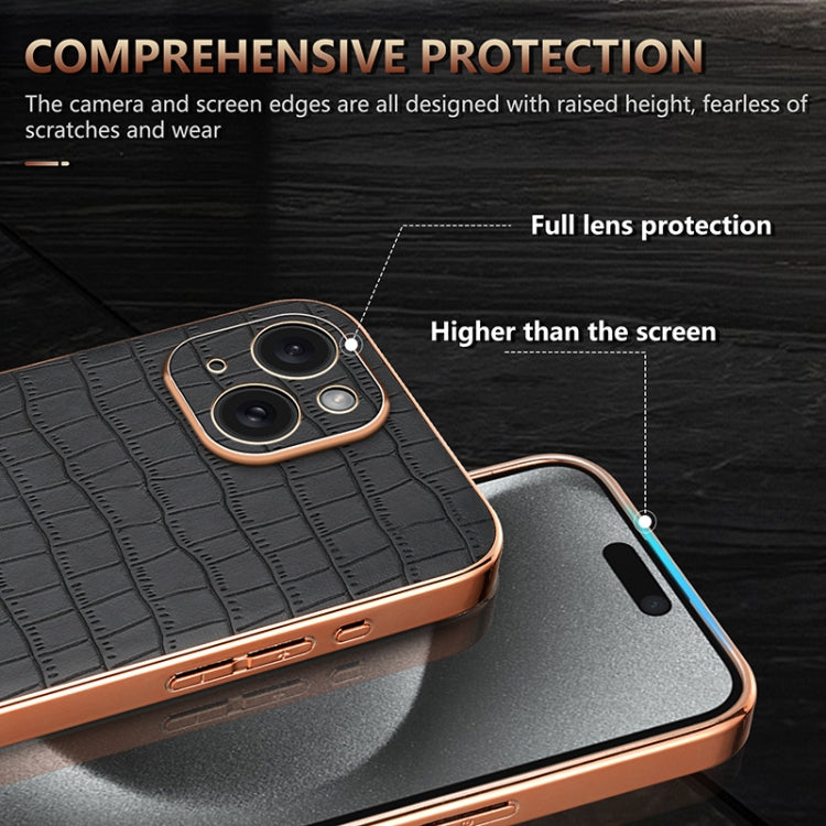 For iPhone 15 Plus AZNS Electroplated Frame Crocodile Texture Full Coverage Phone Case(Black) - HoMEdemic™ 
