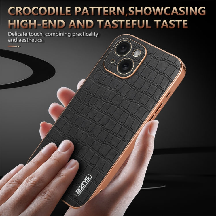 For iPhone 15 Plus AZNS Electroplated Frame Crocodile Texture Full Coverage Phone Case(Brown) - HoMEdemic™ 