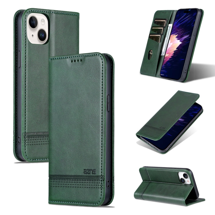 For iPhone 15 Plus AZNS Magnetic Calf Texture Leather Phone Case(Dark Green) - HoMEdemic™ 