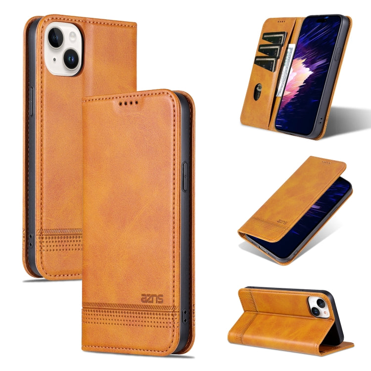 For iPhone 15 Plus AZNS Magnetic Calf Texture Leather Phone Case(Light Brown) - HoMEdemic™ 