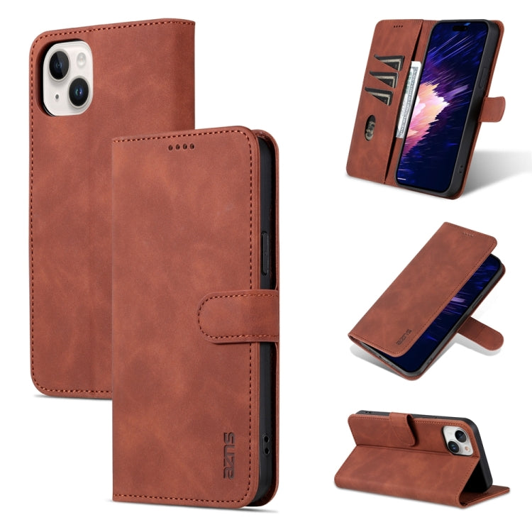 For iPhone 15 Plus AZNS Skin Feel Calf Texture Flip Leather Phone Case(Brown) - HoMEdemic™ 