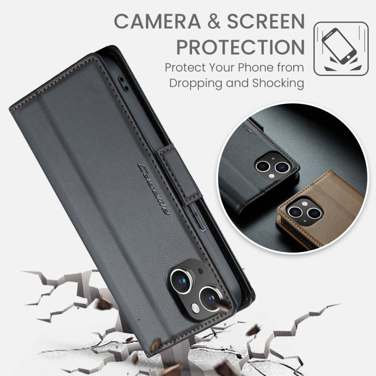 For iPhone 15 Plus CaseMe 023 Butterfly Buckle Litchi Texture RFID Anti-theft Leather Phone Case(Black) - HoMEdemic™ 