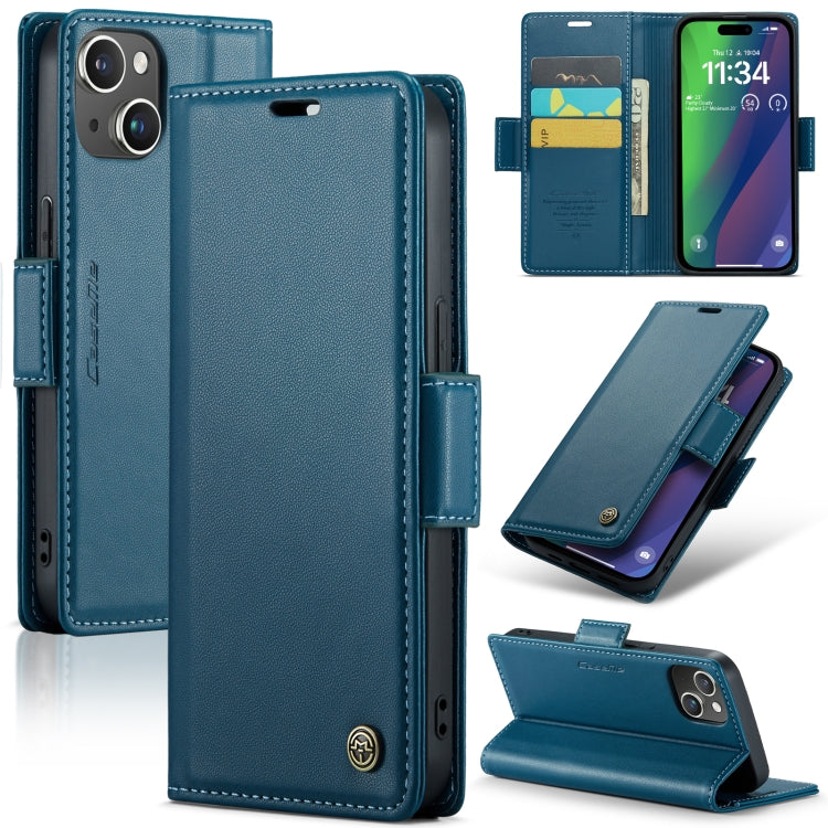 For iPhone 15 Plus CaseMe 023 Butterfly Buckle Litchi Texture RFID Anti-theft Leather Phone Case(Blue) - HoMEdemic™ 
