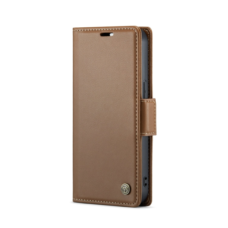 For iPhone 15 Plus CaseMe 023 Butterfly Buckle Litchi Texture RFID Anti-theft Leather Phone Case(Brown) - HoMEdemic™ 