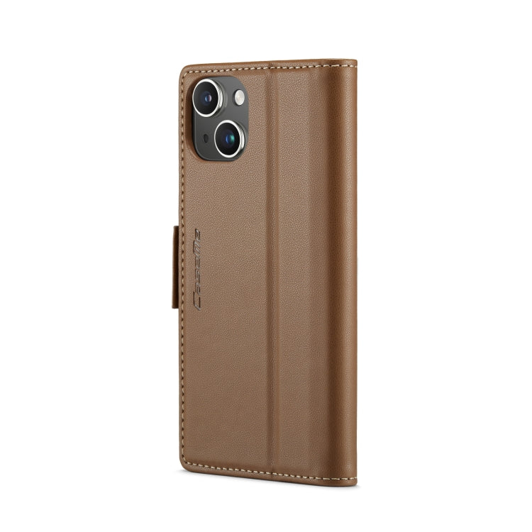 For iPhone 15 Plus CaseMe 023 Butterfly Buckle Litchi Texture RFID Anti-theft Leather Phone Case(Brown) - HoMEdemic™ 