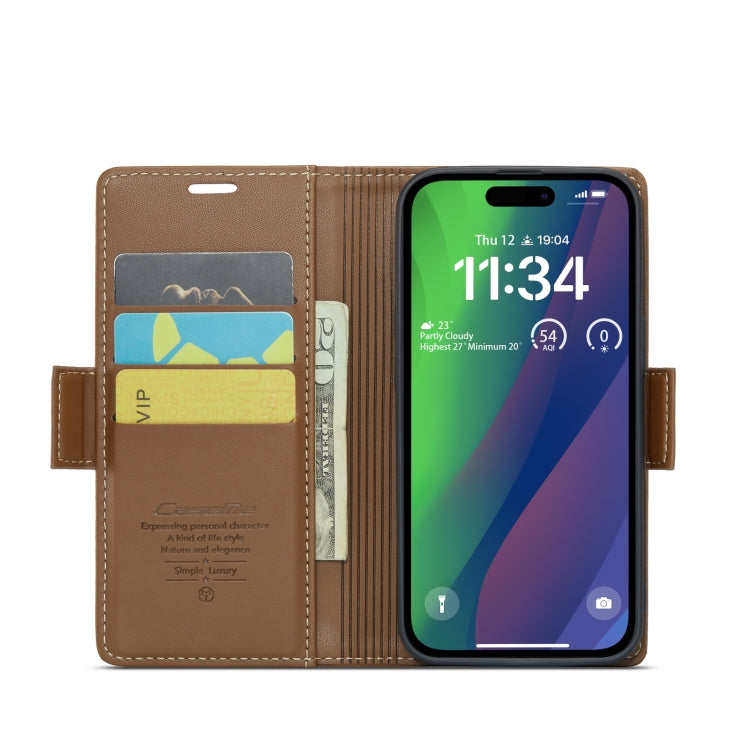 For iPhone 15 Plus CaseMe 023 Butterfly Buckle Litchi Texture RFID Anti-theft Leather Phone Case(Brown) - HoMEdemic™ 