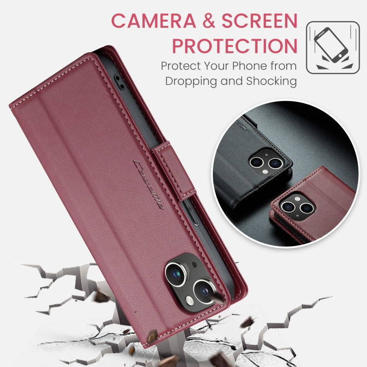 For iPhone 15 Plus CaseMe 023 Butterfly Buckle Litchi Texture RFID Anti-theft Leather Phone Case(Wine Red) - HoMEdemic™ 