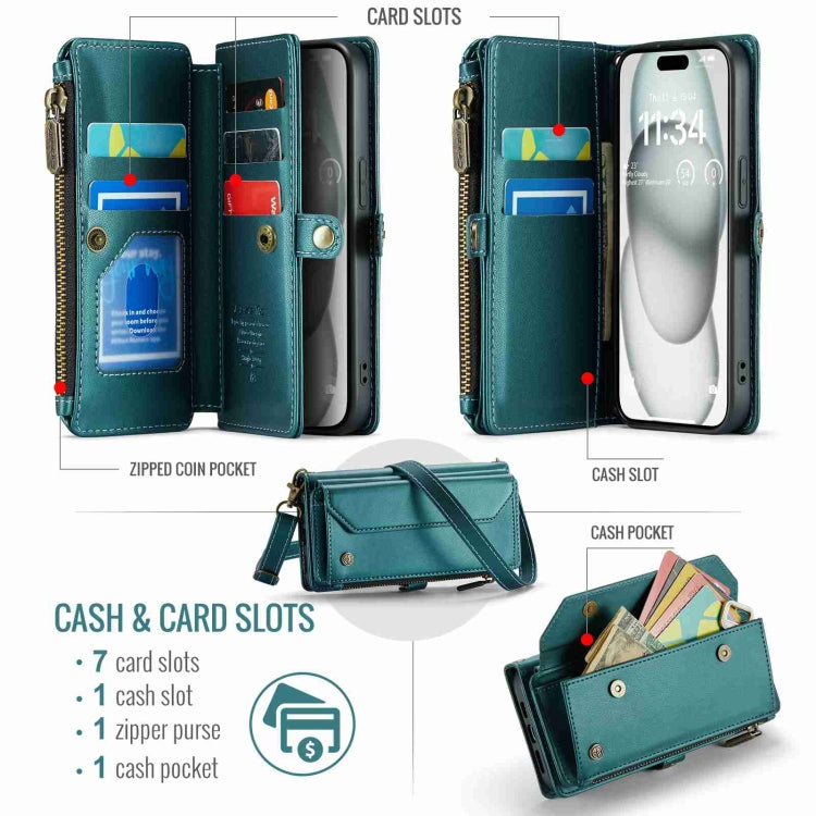 For iPhone 15 Plus CaseMe C36 Card Slots Zipper Wallet RFID Anti-theft Leather Phone Case(Blue-green) - HoMEdemic™ 