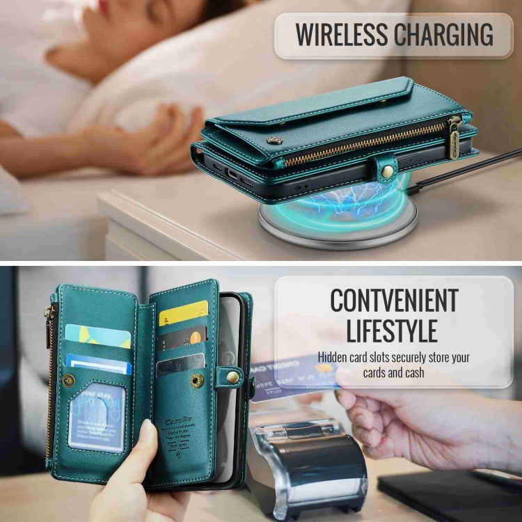 For iPhone 15 Plus CaseMe C36 Card Slots Zipper Wallet RFID Anti-theft Leather Phone Case(Blue-green) - HoMEdemic™ 