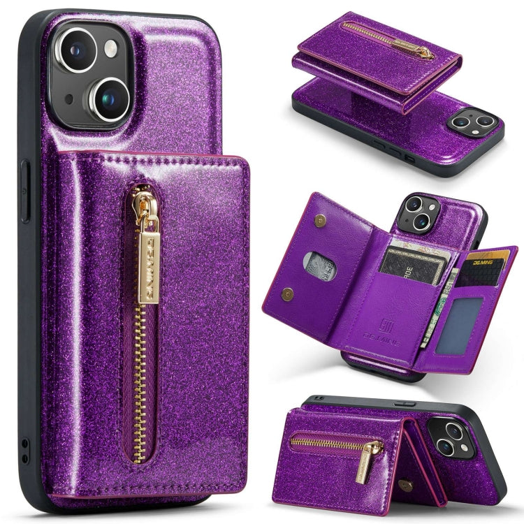 For iPhone 15 Plus DG.MING M3 Series Glitter Powder Card Bag Leather Phone Case(Dark Purple) - HoMEdemic™ 