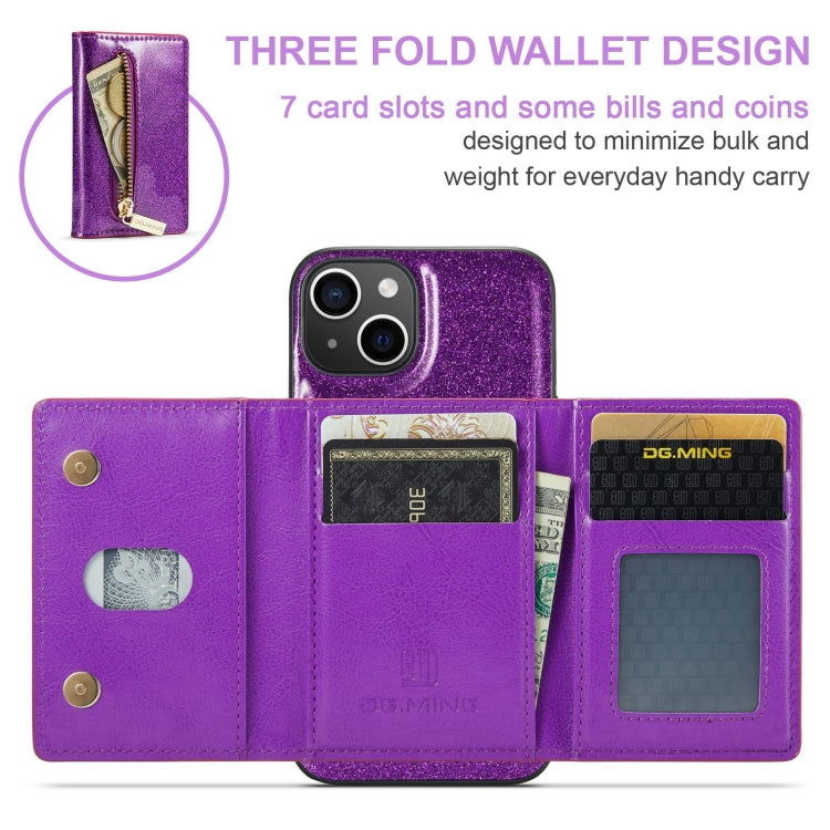 For iPhone 15 Plus DG.MING M3 Series Glitter Powder Card Bag Leather Phone Case(Dark Purple) - HoMEdemic™ 