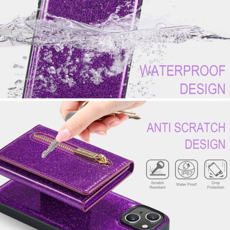 For iPhone 15 Plus DG.MING M3 Series Glitter Powder Card Bag Leather Phone Case(Dark Purple) - HoMEdemic™ 