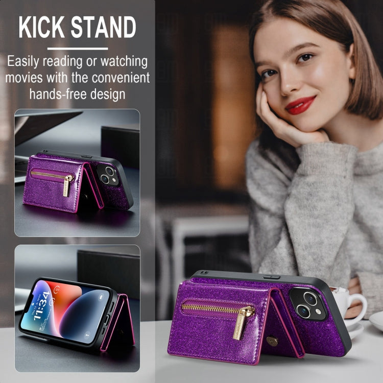 For iPhone 15 Plus DG.MING M3 Series Glitter Powder Card Bag Leather Phone Case(Dark Purple) - HoMEdemic™ 