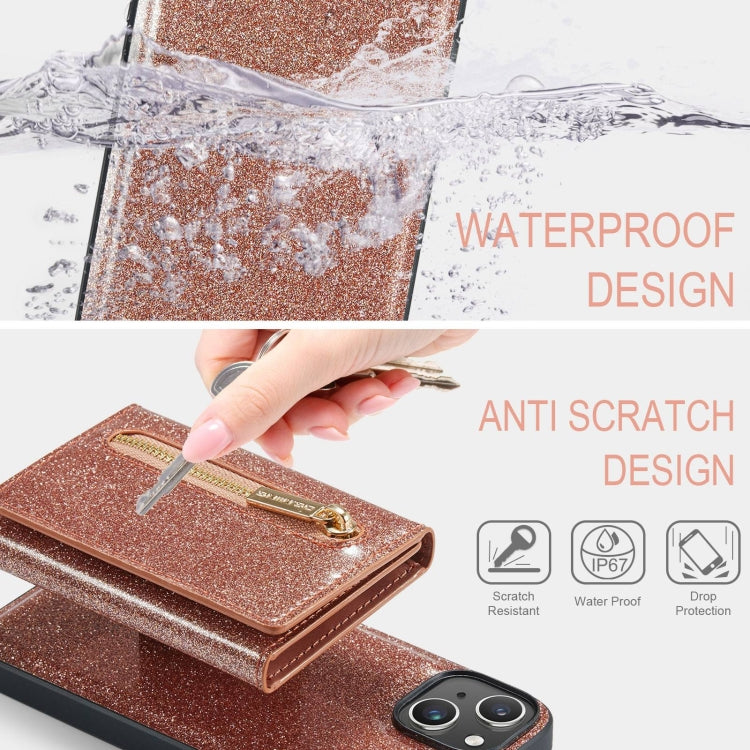 For iPhone 15 Plus DG.MING M3 Series Glitter Powder Card Bag Leather Phone Case(Rose Gold) - HoMEdemic™ 