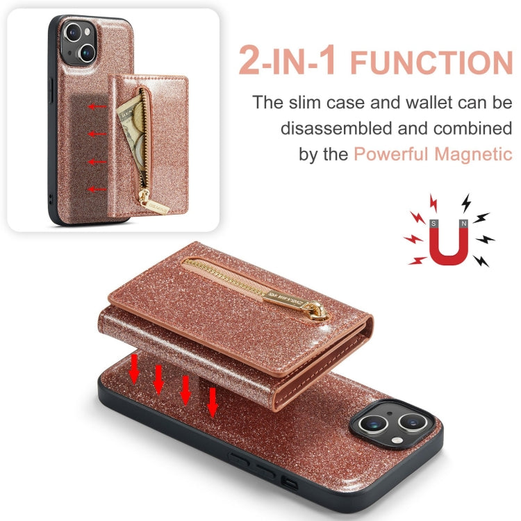 For iPhone 15 Plus DG.MING M3 Series Glitter Powder Card Bag Leather Phone Case(Rose Gold) - HoMEdemic™ 